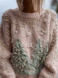 Comstylish Vintage Pine Trees Embroidered Pink Cozy Sweater