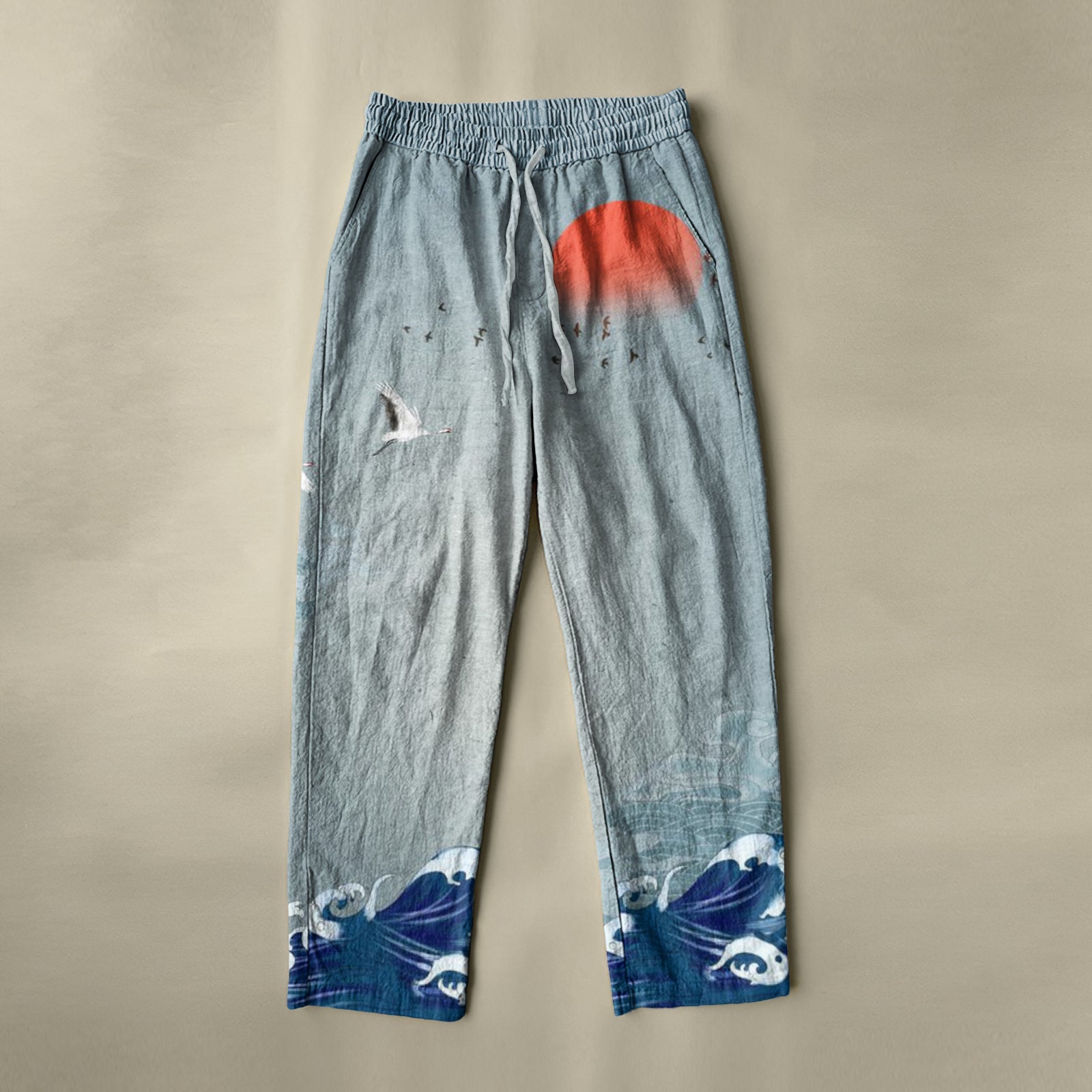 Men's Japanese Art Crane Linen Blend Casual Pants elevenforest