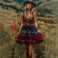Women's  Retro American Western Country Style Floral Embroidered Art Casual Linen Mini Dress elevenforest