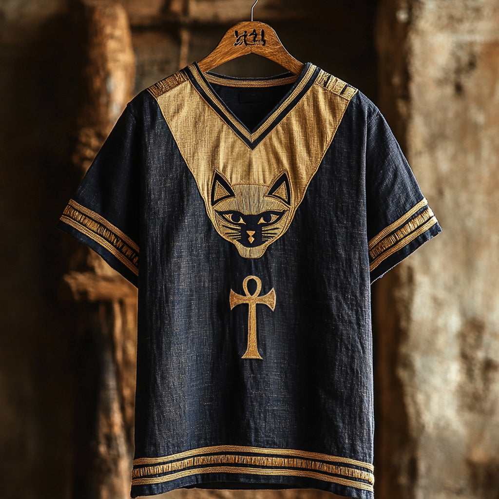 Ankh Ancient Egyptian Cat Art Linen Shirt elevenforest