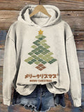 Japanese Waves Christmas Tree Embroidered Washed Hoodie elevenforest