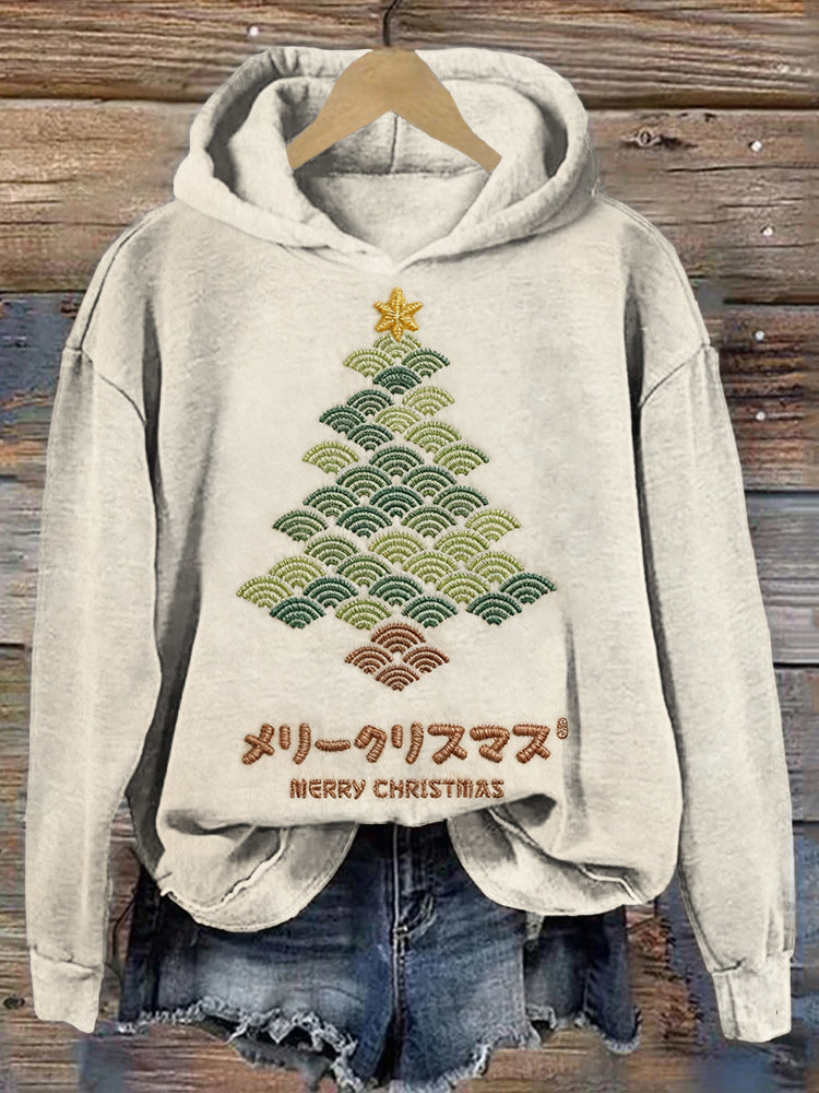 Japanese Waves Christmas Tree Embroidered Washed Hoodie elevenforest