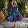 Women's Retro Purple Rose Gradient Pattern Short-sleeved Dress elevenforest