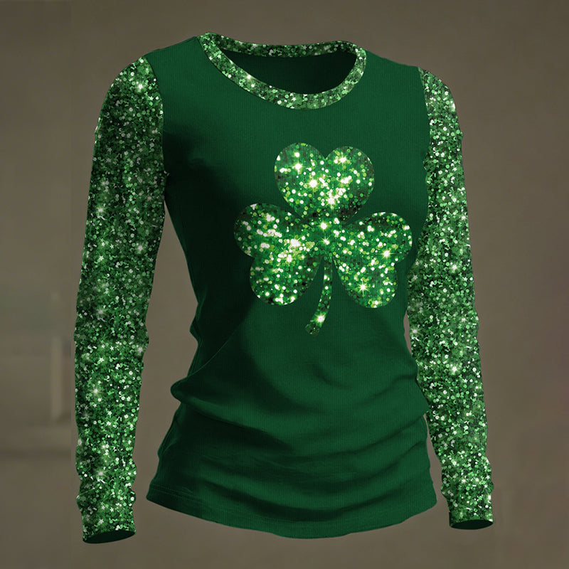 Comstylish Women's St. Patrick's Day Shamrock Print Round Neck Long Sleeve T-shirt