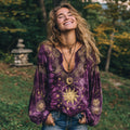 Mysterious Sun And Moon God Art Tie-dyed V-neck Linen Top elevenforest