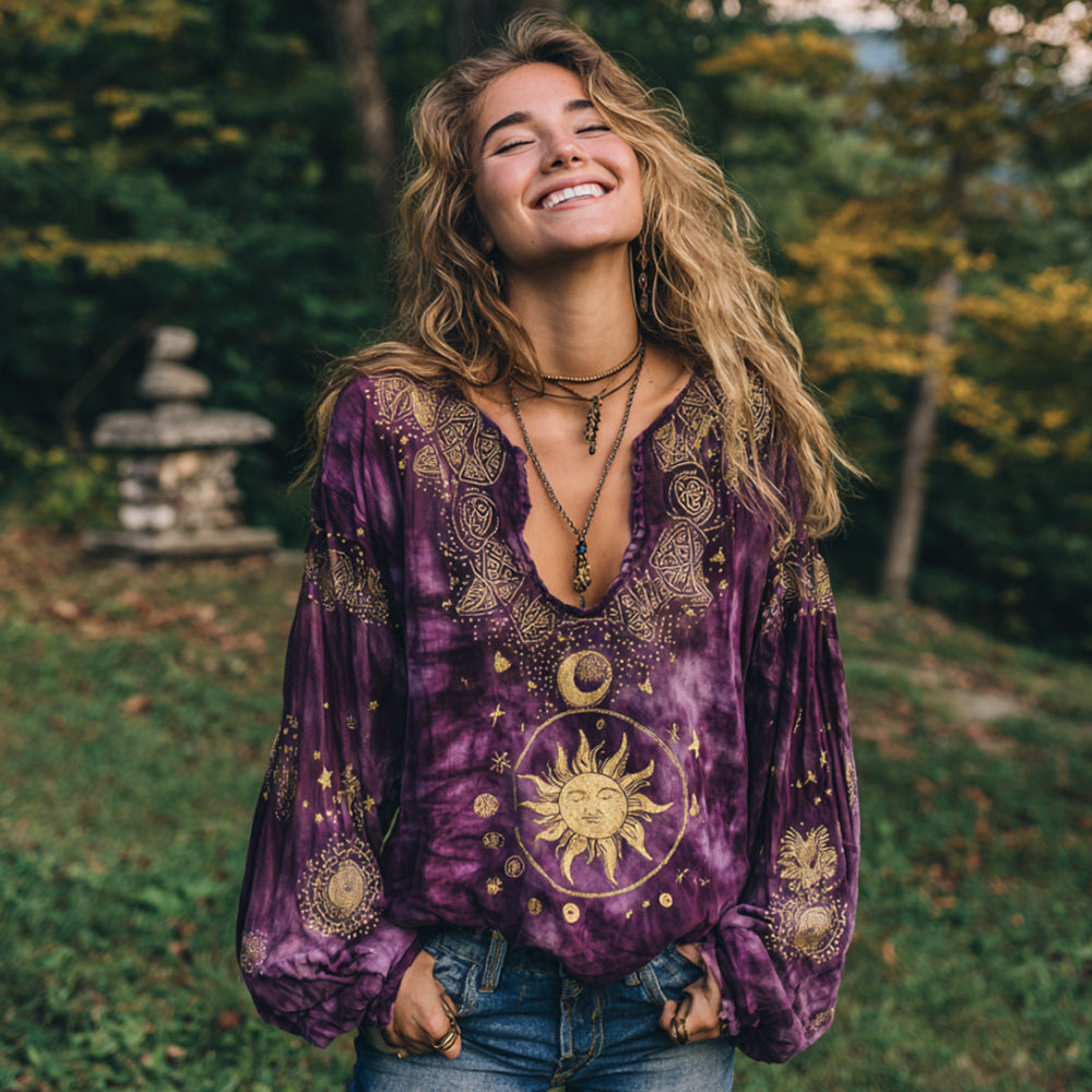 Mysterious Sun And Moon God Art Tie-dyed V-neck Linen Top elevenforest
