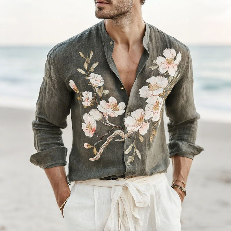 Men's Vintage Peach Blossom Art Comfy Linen Shirt elevenforest