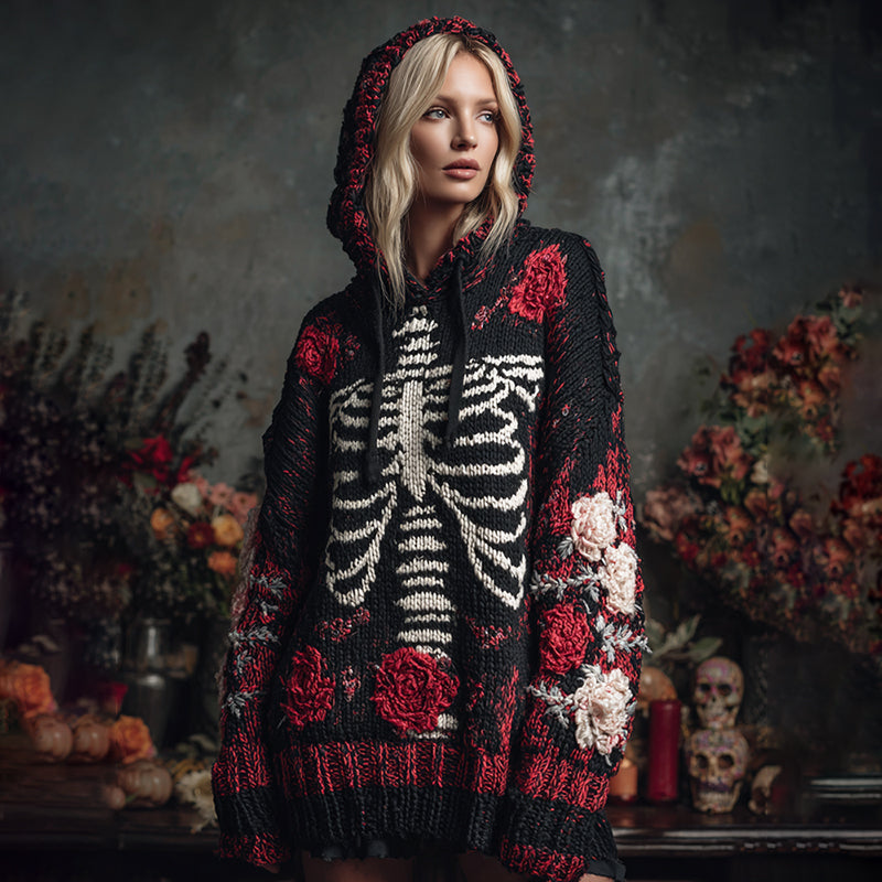 Comstylish Vintage Halloween Anatomy Floral Art Chunky Knitted Hooded Sweater