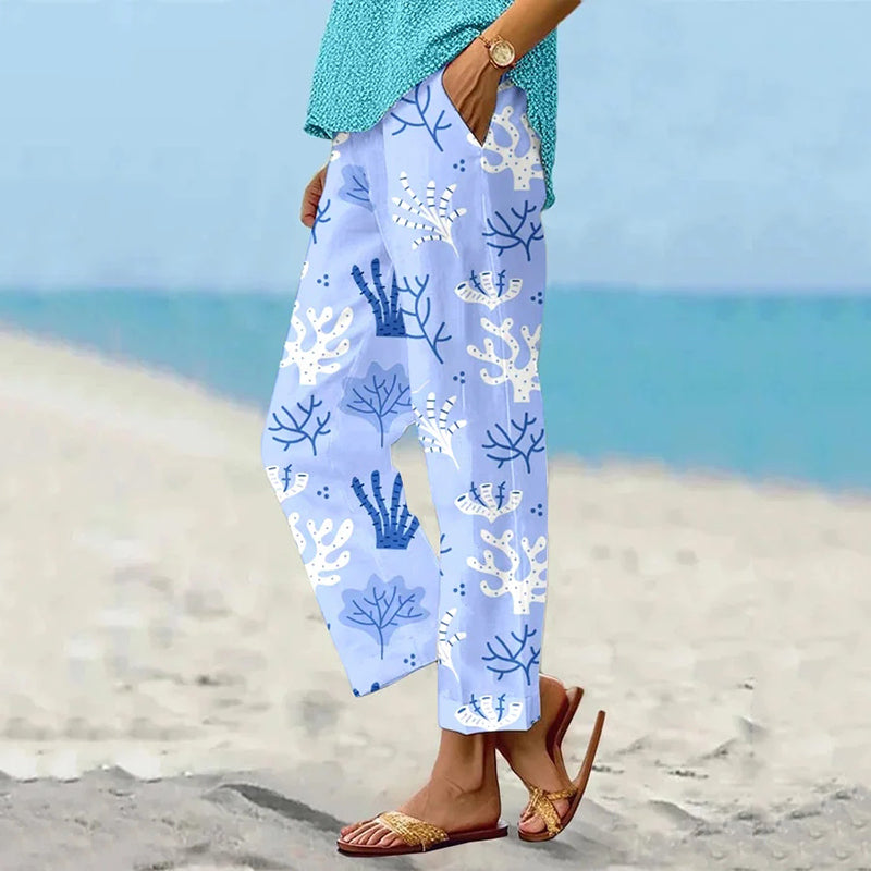 Comstylish Women's Simple Coral Pattern Loose Casual Pants