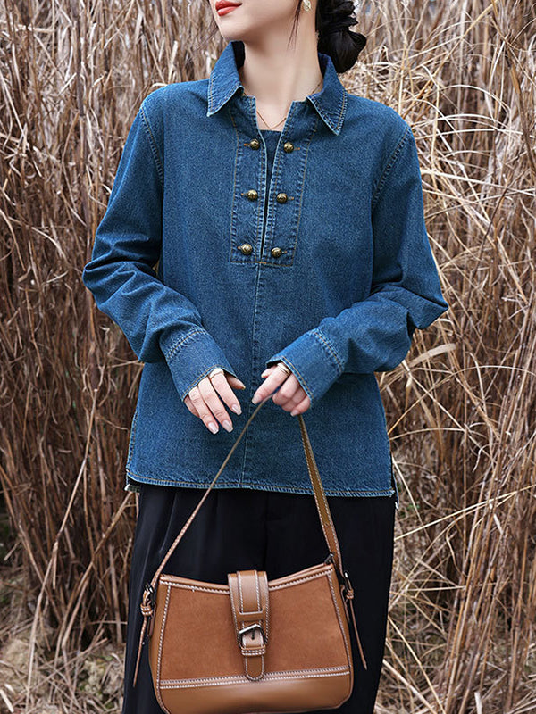 Long Sleeves Loose Buttoned Split-joint Lapel Blouses&shirts Tops
