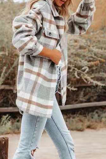 Plaid Pocket Buckle Turndown Collar Outerwear(8 Colors)