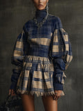 Checked High-Neck Balloon Sleeve Mini Dress
