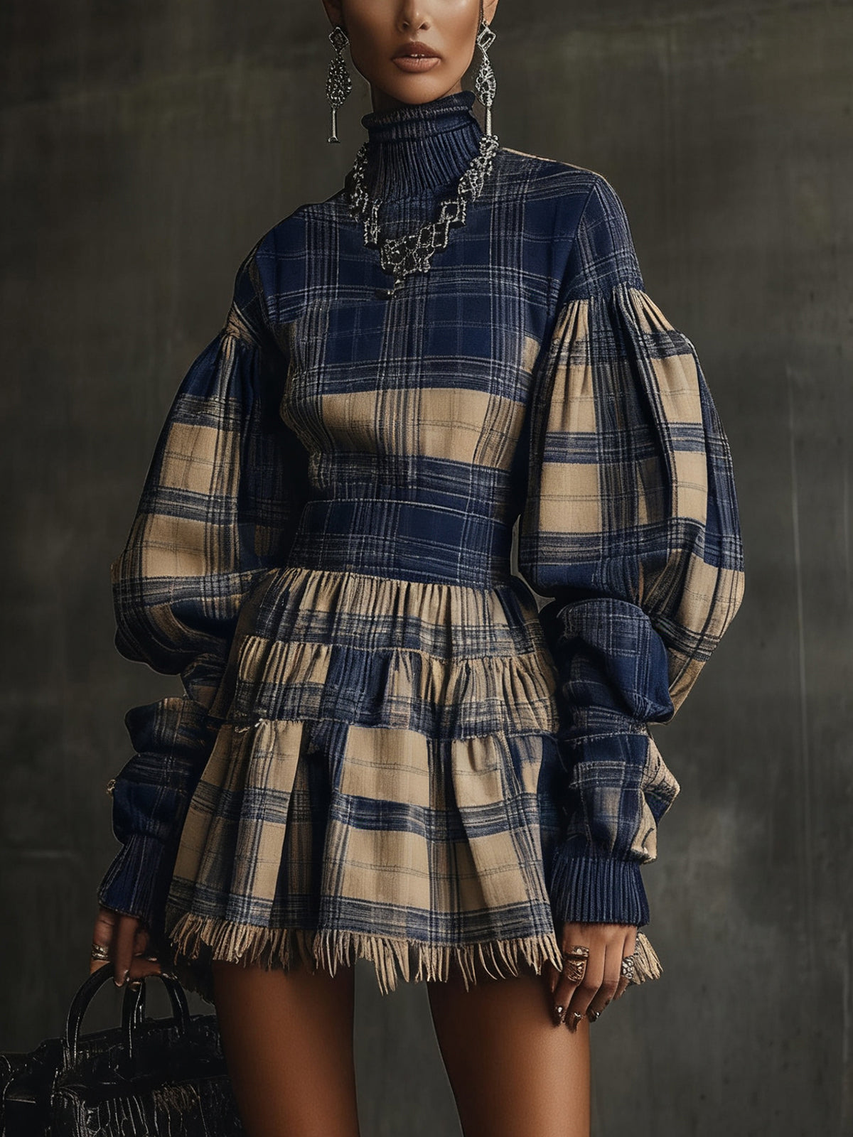 Checked High-Neck Balloon Sleeve Mini Dress