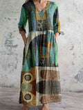 Women's Art Geometric Textured V-Neck Cotton and Linen Dress with Pock