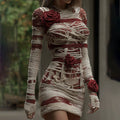 Women's Halloween Muscle Anatomy Bandage With Rose Art Cozy Knit Mini Sweater Dress elevenforest
