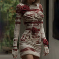 Comstylish Women's Halloween Muscle Anatomy Bandage With Rose Art Cozy Knit Mini Sweater Dress