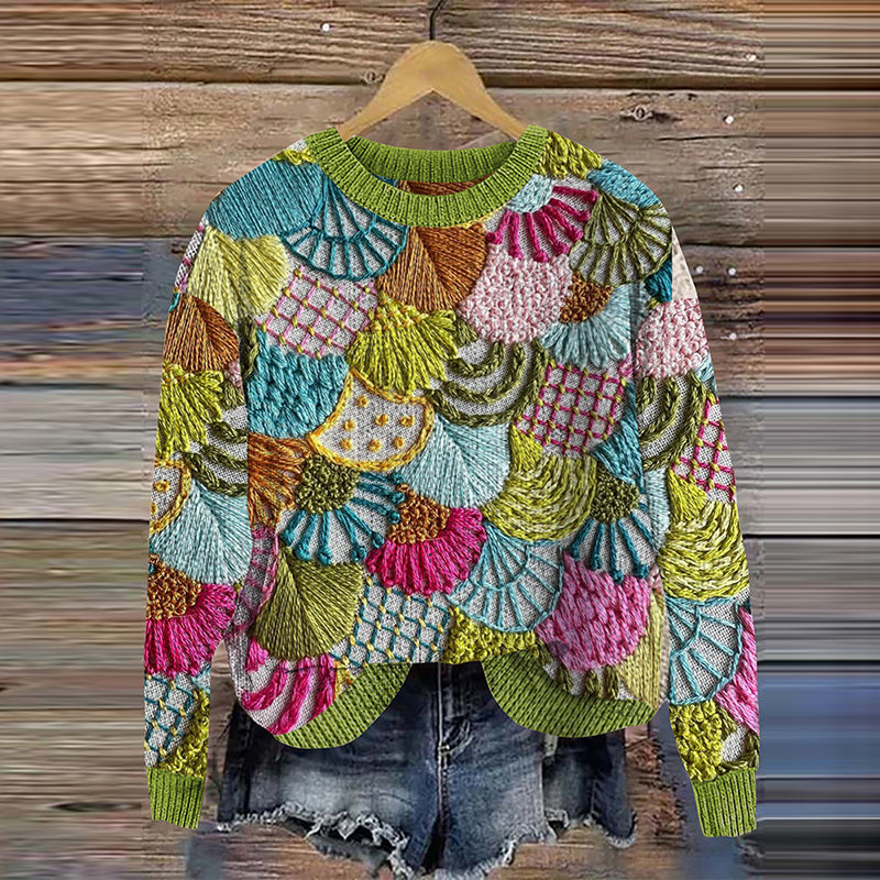 Vintage Color Block Embroidery Pattern Knit Sweater elevenforest