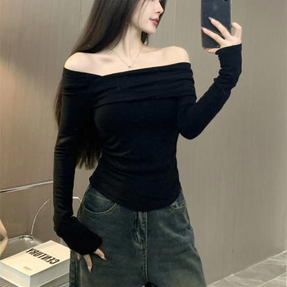 Off Shoulder T-shirts Long Sleeve Shirts Cropped Tops Clubwear Skew Collar Warm Pullovers