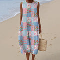 Women's Vintage Flower Geometry Art Print Linen Vest Dress elevenforest