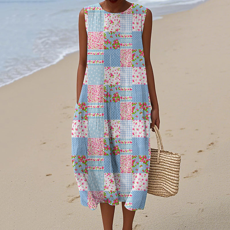 Women's Vintage Flower Geometry Art Print Linen Vest Dress elevenforest