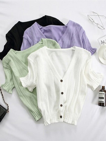 T-shirts V-neck Button Up Tees Short Sleeve T-shirts Knitted Cadigans Crop Tops for Summer Tee
