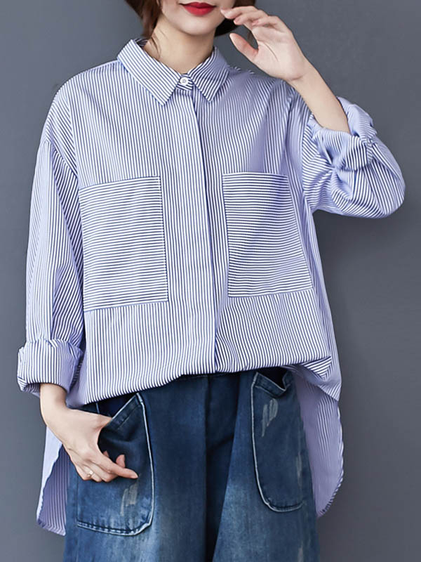 Loose Striped Split-joint With Pocket Lapel Collar Long Sleeves Blouse