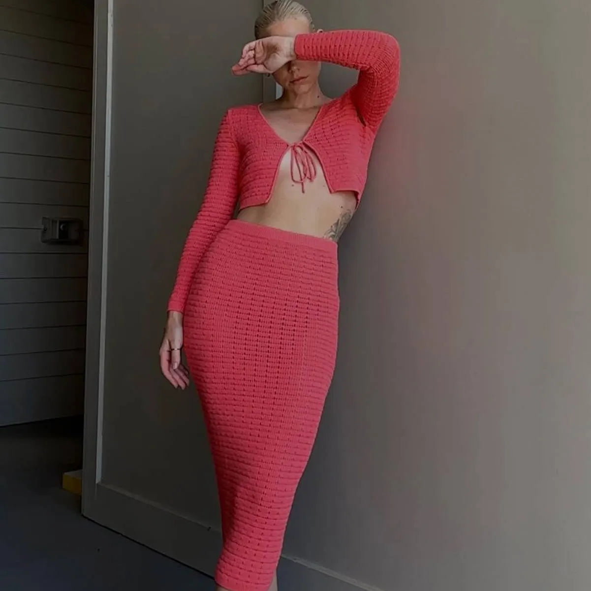 Sweet Hollow Out Cutout Out Short Lace Up Cropped Knitted Cardigan Coat Skirt Knitting Suit