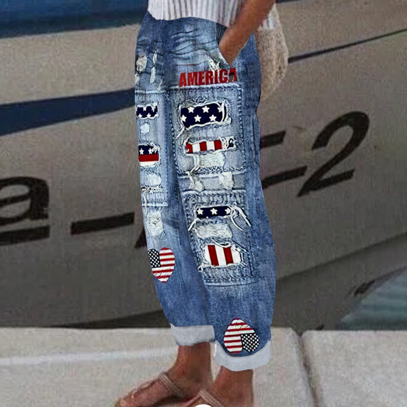 Women's Independence Day Print Vintage Linen Blend Casual Pants elevenforest