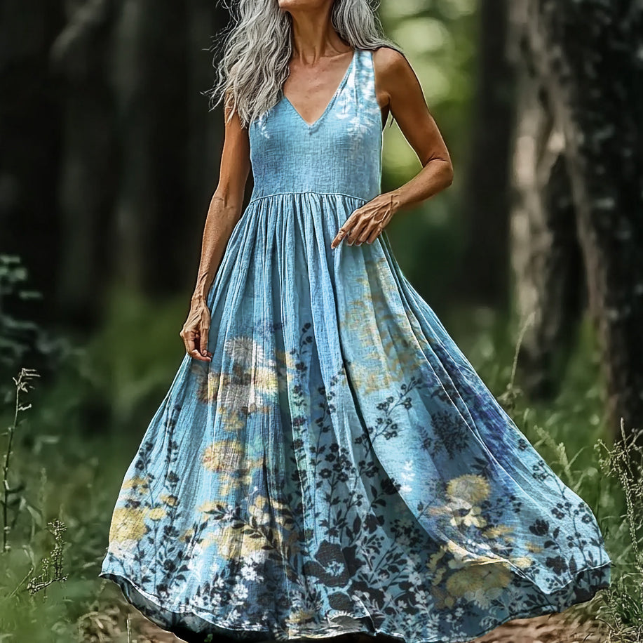 Women's Ethnic Floral Art Print V-neck Sleeveless Cotton Dress elevenforest