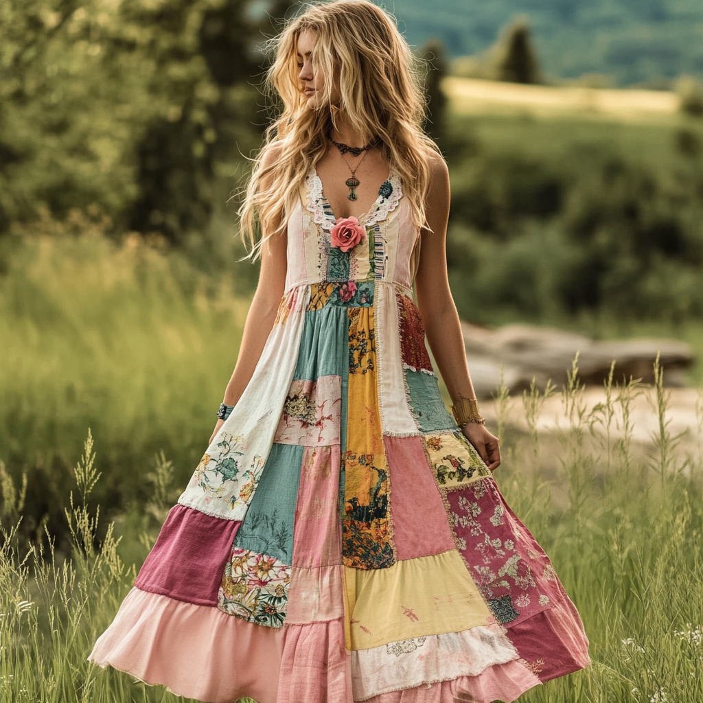 Women's Vintage Bohemian Floral Comfortable V Neck Dress elevenforest