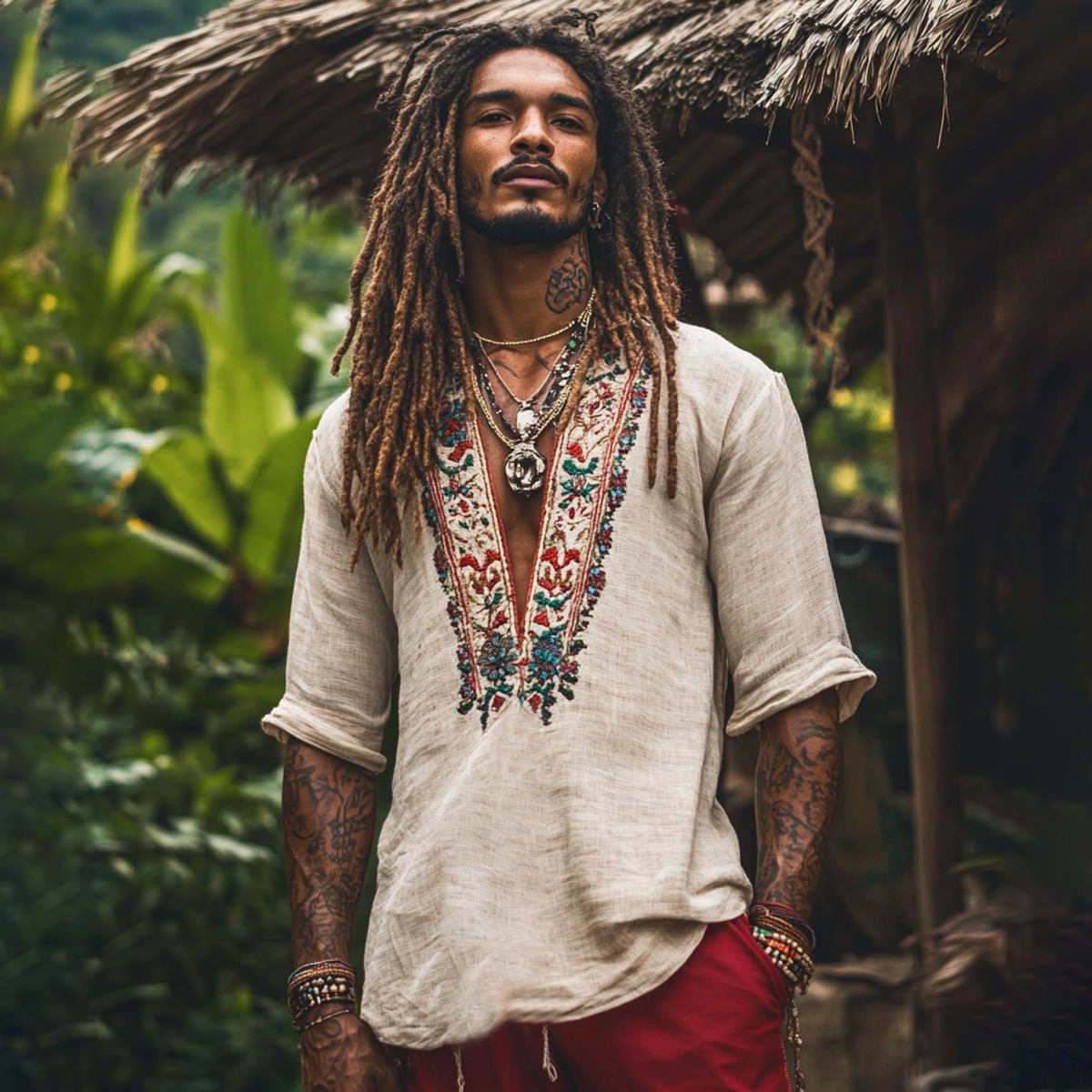 Men's Bohemian Holiday Style Linen Printed Casual Long Sleeve Tops elevenforest