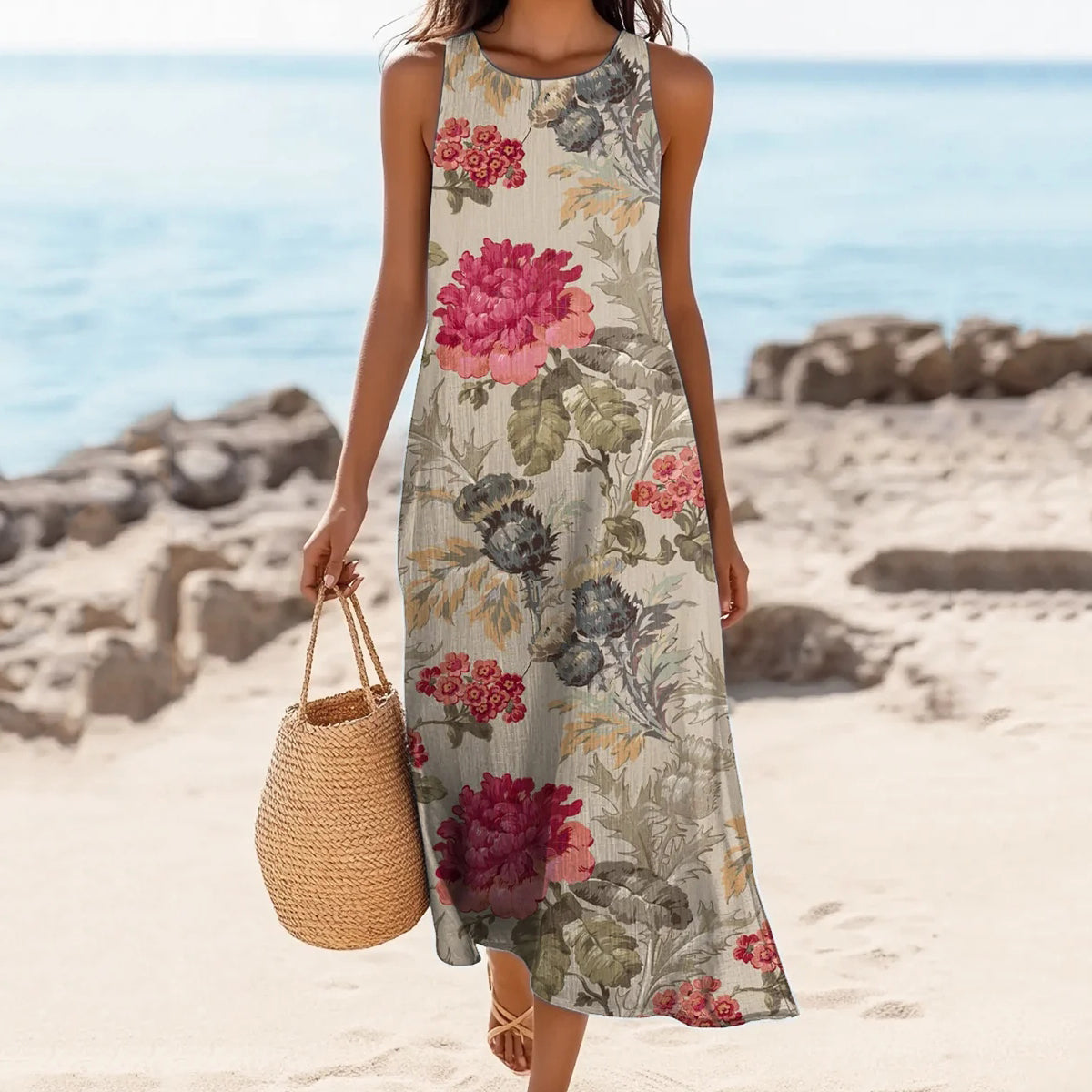 Women's Vintage Floral Print Linen Blend Tank Midi Dress elevenforest