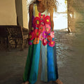Women's Oil Painting Flower Art Print Loose Linen Blend Jumpsuit elevenforest