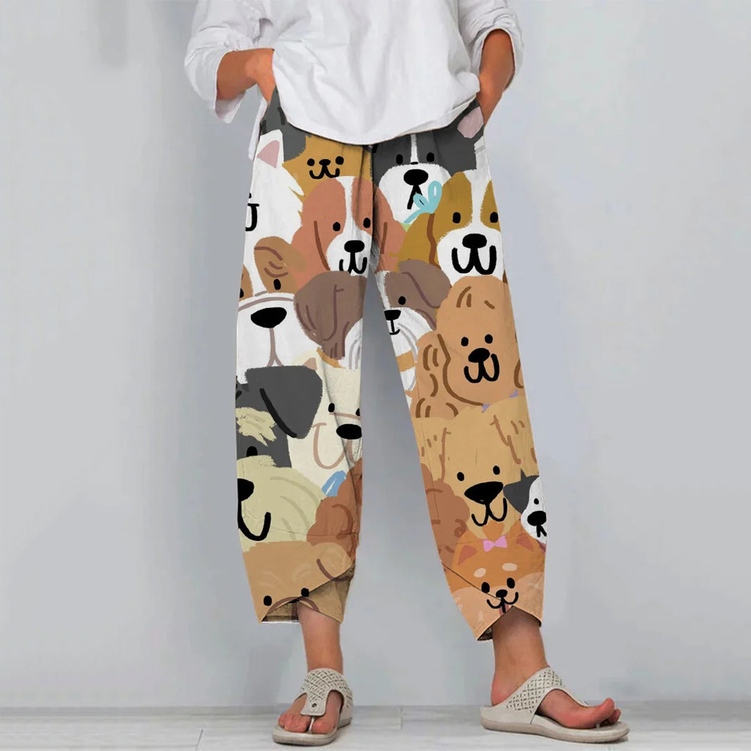 Retro Vintage Cartoon Dog Art Pattern Cropped Casual Pants elevenforest