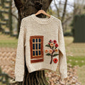 Comstylish Vintage Cottagecore Window & Flowers Cozy Knit Sweater