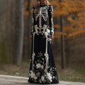Women's Vintage Halloween Skeleton Bones With Rose Art Cozy Long Sleeve Maxi Dress elevenforest