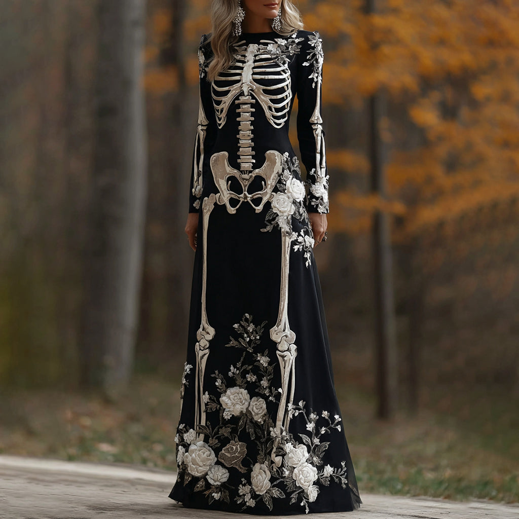 Women's Vintage Halloween Skeleton Bones With Rose Art Cozy Long Sleeve Maxi Dress elevenforest