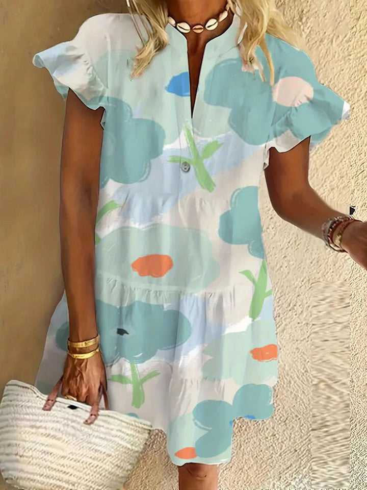 Flower ruffle short-sleeved V-neck button dress holiday beach dress