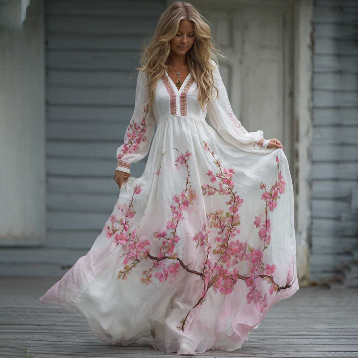 Vintage Japanese Plum Blossom Art Linen Blend Dress elevenforest
