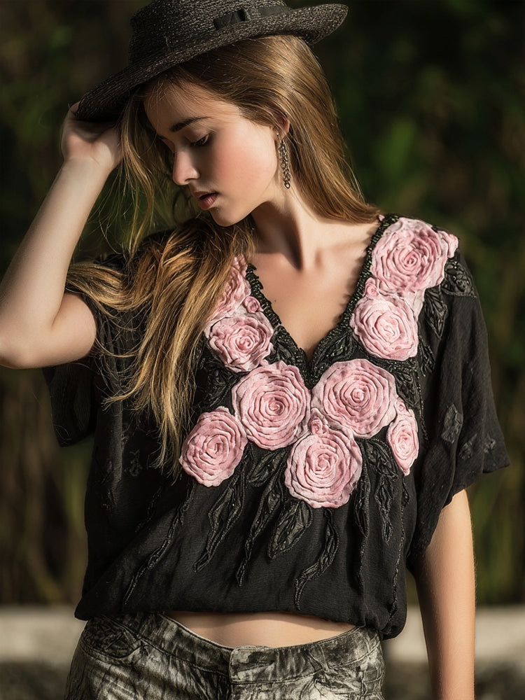 Vintage Pink Roses Embroidered V Neck Linen Shirt elevenforest