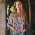 Boho Floral Tribal Embroidery Print Cotton And Linen Blend Loose Blouse elevenforest