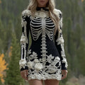 Comstylish Women's Vintage Halloween Skeleton Bones Rose Art Cozy Knit Mini Sweater Dress