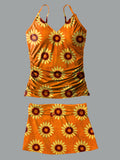 Sunflower V-Neck Vintage Flowers Print Suspender Skirt Tankini Pantskirt Set Swimsuit