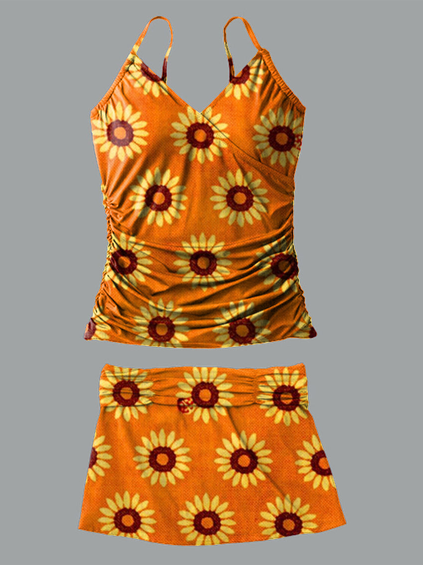 Sunflower V-Neck Vintage Flowers Print Suspender Skirt Tankini Pantskirt Set Swimsuit