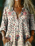 Women's Vintage Floral Tattoo Pattern Art Print Linen Cotton Casual Sh