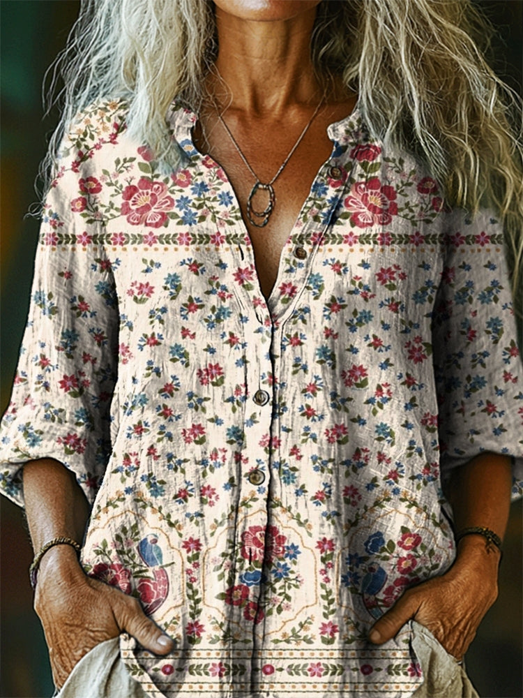 Women's Vintage Floral Tattoo Pattern Art Print Linen Cotton Casual Sh