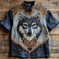 Men's Viking Wolf Celtic Embroidery Art Linen Shirt elevenforest