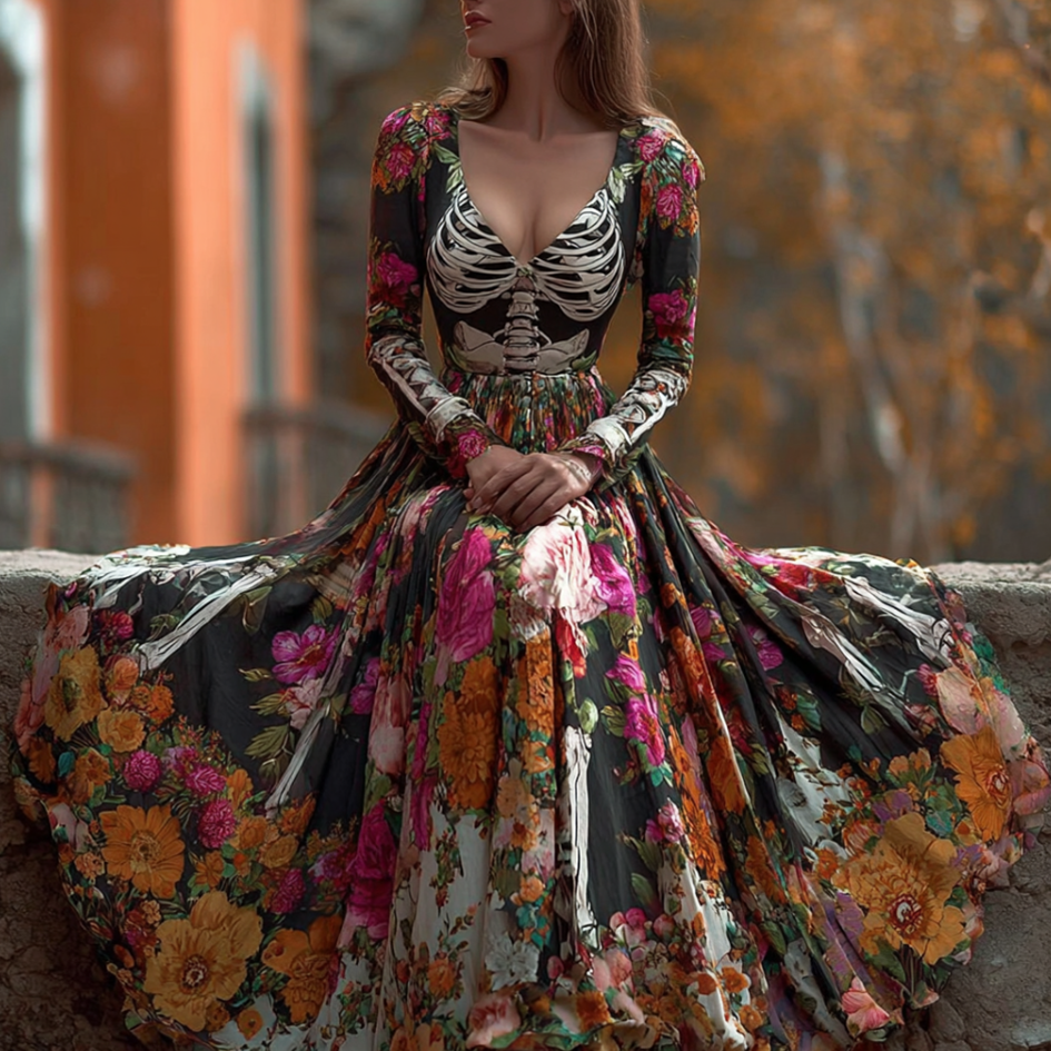 Halloween Plant Flower And Skeleton Bone Pattern Combined Design Women Long Cotton And Linen Dress elevenforest
