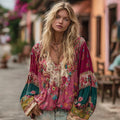 Women's Floral Embroidery Boho Colorblock Art Linen Blend V-neck Shirt elevenforest