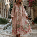 Women's Pink Floral Embroidered Art V-neck Loose Midi Dress elevenforest